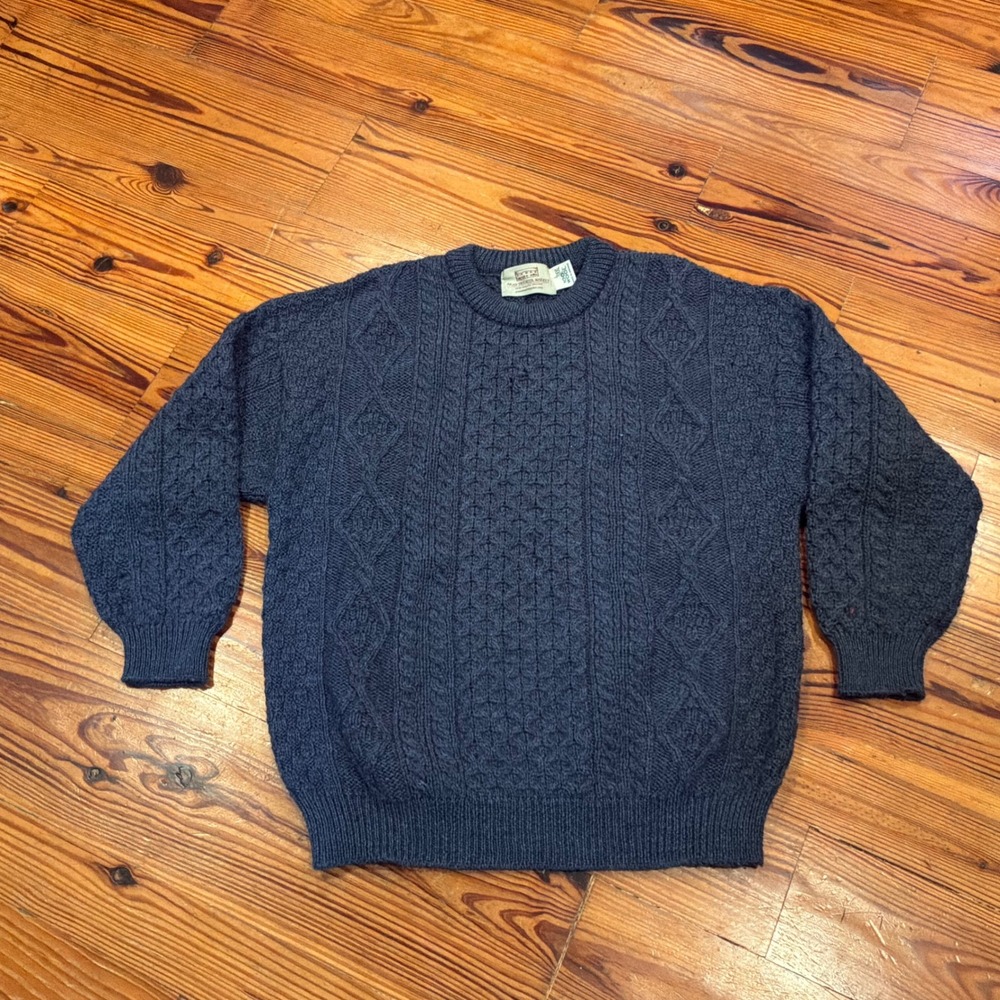 Aran Sweater Market Mens XXL Blue 100% Wool Cable Knit Sweater Ireland FLAWS
